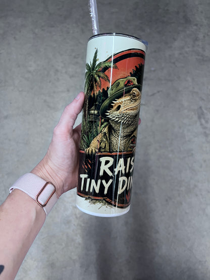 Beardies of Culture Raising Tiny Dinosaurs tumbler with adventurous bearded dragon artwork