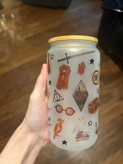 16oz Gryffindor Frosted Glass Tumbler featuring gryffindor harry potter inspired artwork