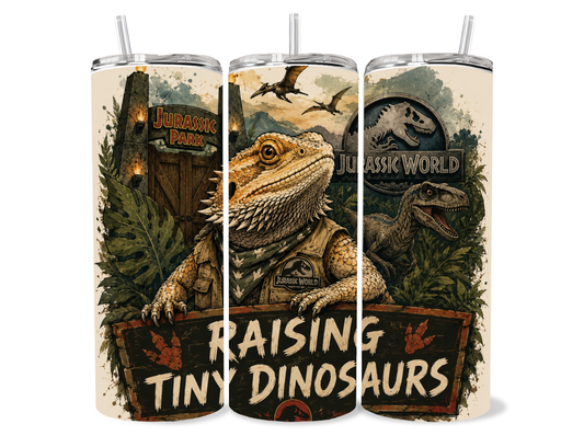 Jurassic inspired Raising Tiny Dinosaurs bearded dragon tumbler with prehistoric artwork