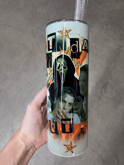 Custom 20oz skinny tumbler featuring a 90s Scream movie collage wrap with Billy Loomis, Stu Macher, and Ghostface aesthetics.