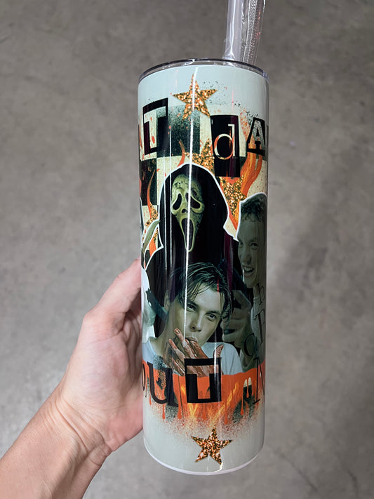 Custom 20oz skinny tumbler featuring a 90s Scream movie collage wrap with Billy Loomis, Stu Macher, and Ghostface aesthetics.