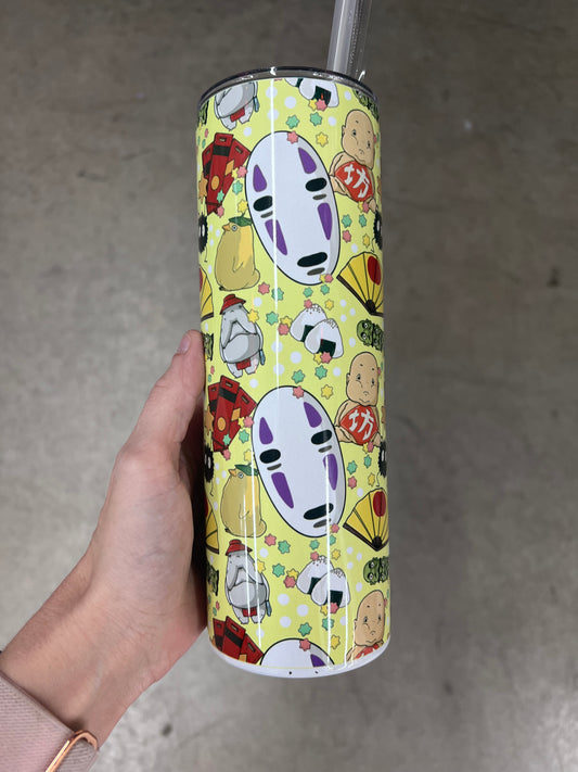 20oz Custom Tumbler | Studio Ghibli Spirited Away Seamless Pattern | No-Face Anime Kawaii Drinkware