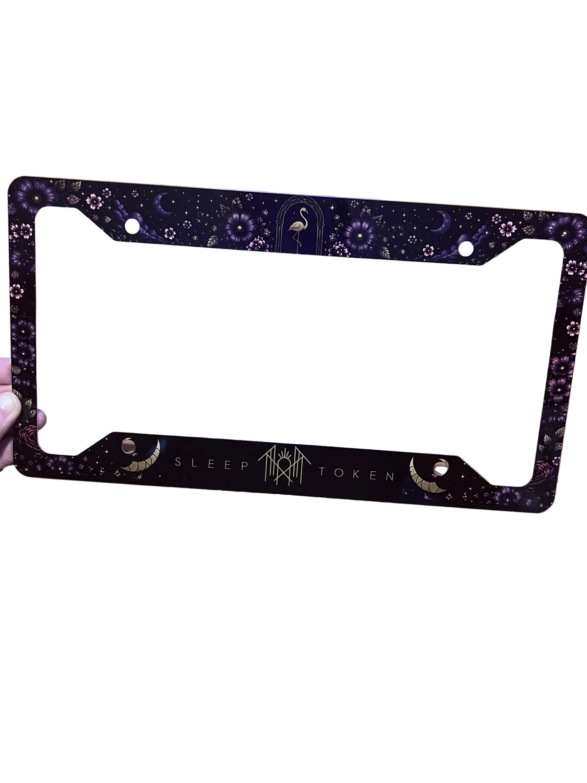 Sleep Token inspired floral license plate frame with celestial and dark floral artwork