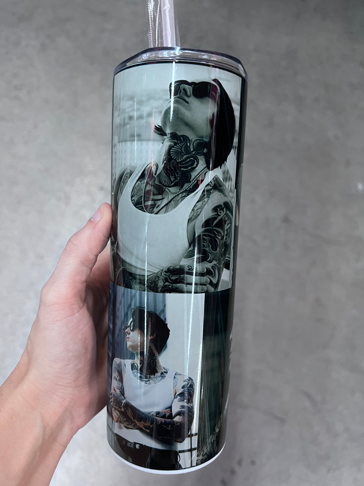 ⁠Close-up of alternative rock band Bad Omens custom tumbler wrap