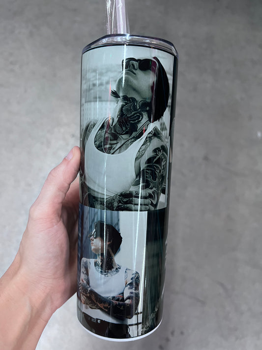 ⁠Close-up of alternative rock band Bad Omens custom tumbler wrap