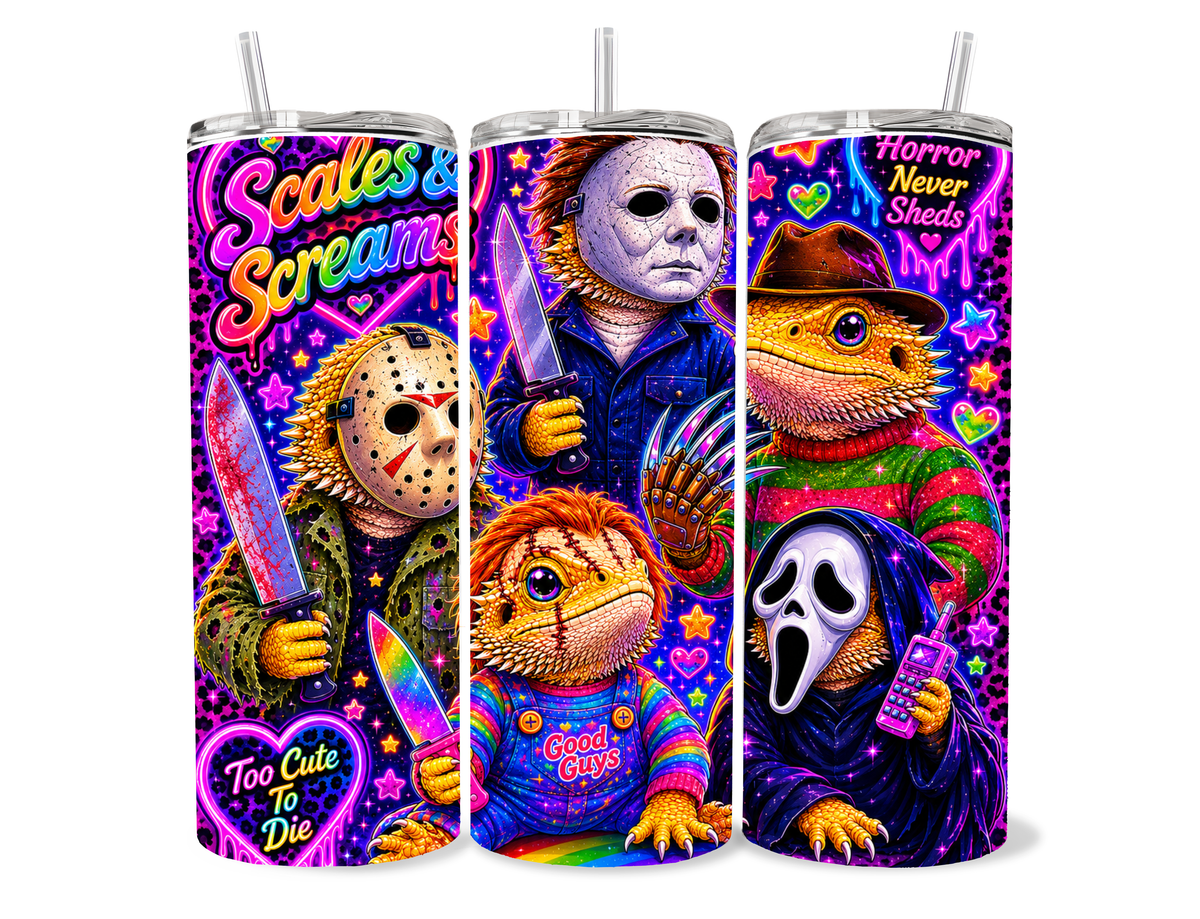 Beardies of Culture Scales and Screams Forever tumbler with horror movie and bearded dragon artwork