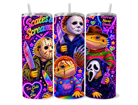 Beardies of Culture Scales and Screams Forever tumbler with horror movie and bearded dragon artwork
