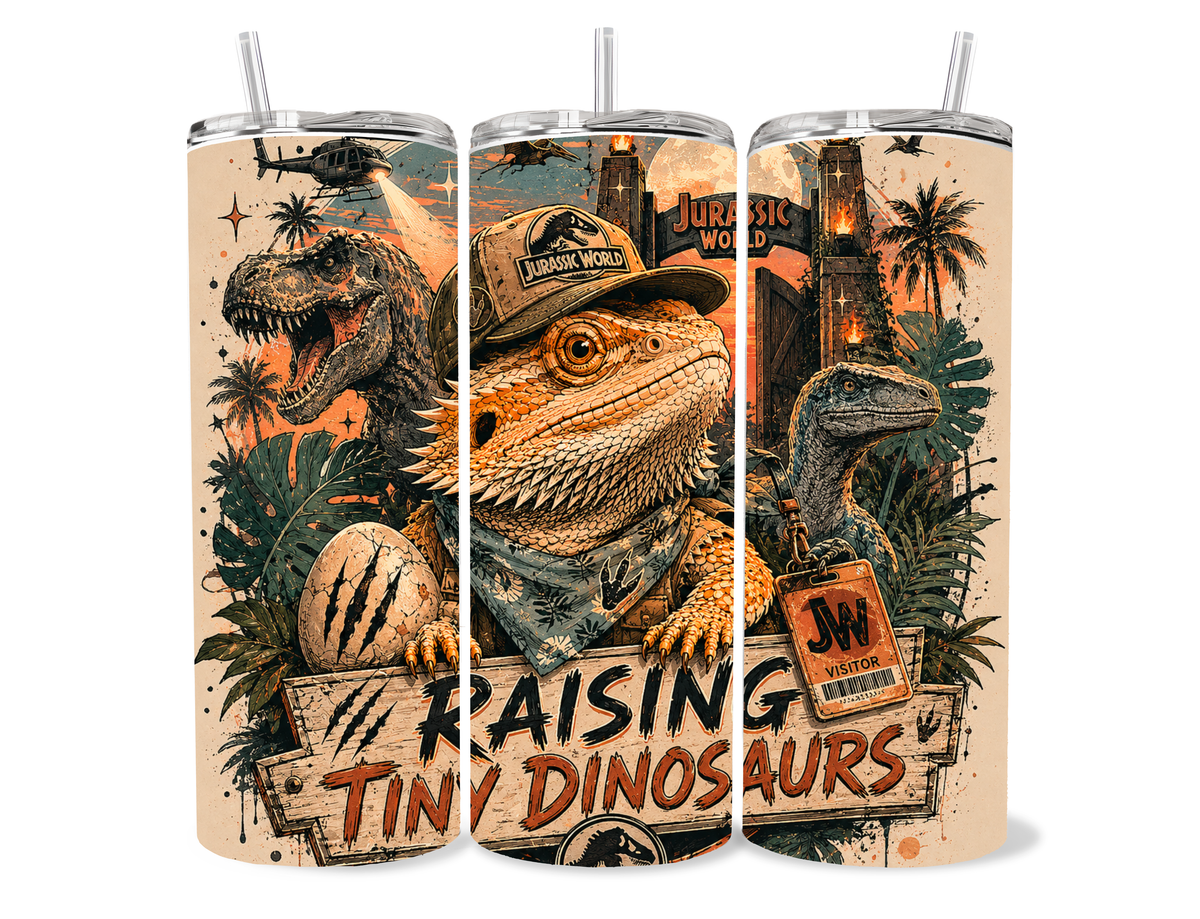 Bearded dragon Jurassic inspired Raising Tiny Dinosaurs tumbler with prehistoric adventure artwork