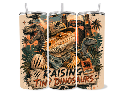 Bearded dragon Jurassic inspired Raising Tiny Dinosaurs tumbler with prehistoric adventure artwork