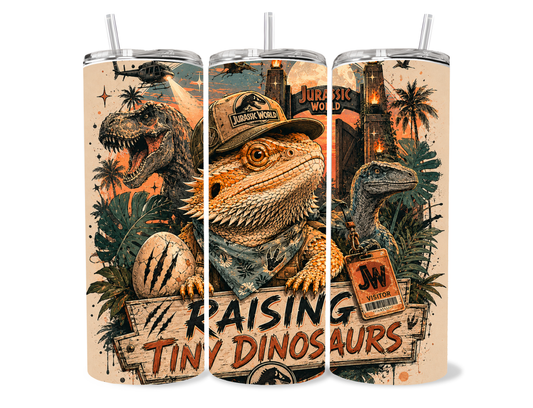 Bearded dragon Jurassic inspired Raising Tiny Dinosaurs tumbler with prehistoric adventure artwork