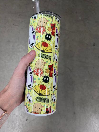 20oz Custom Tumbler | Studio Ghibli Spirited Away Seamless Pattern | No-Face Anime Kawaii Drinkware