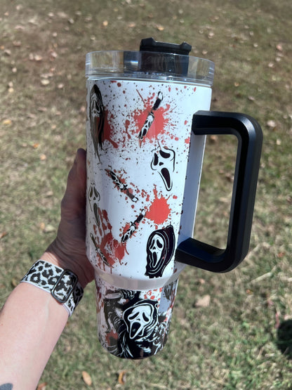 Ghostface Horror 40oz Handled Tumbler featuring the fandom-inspired design