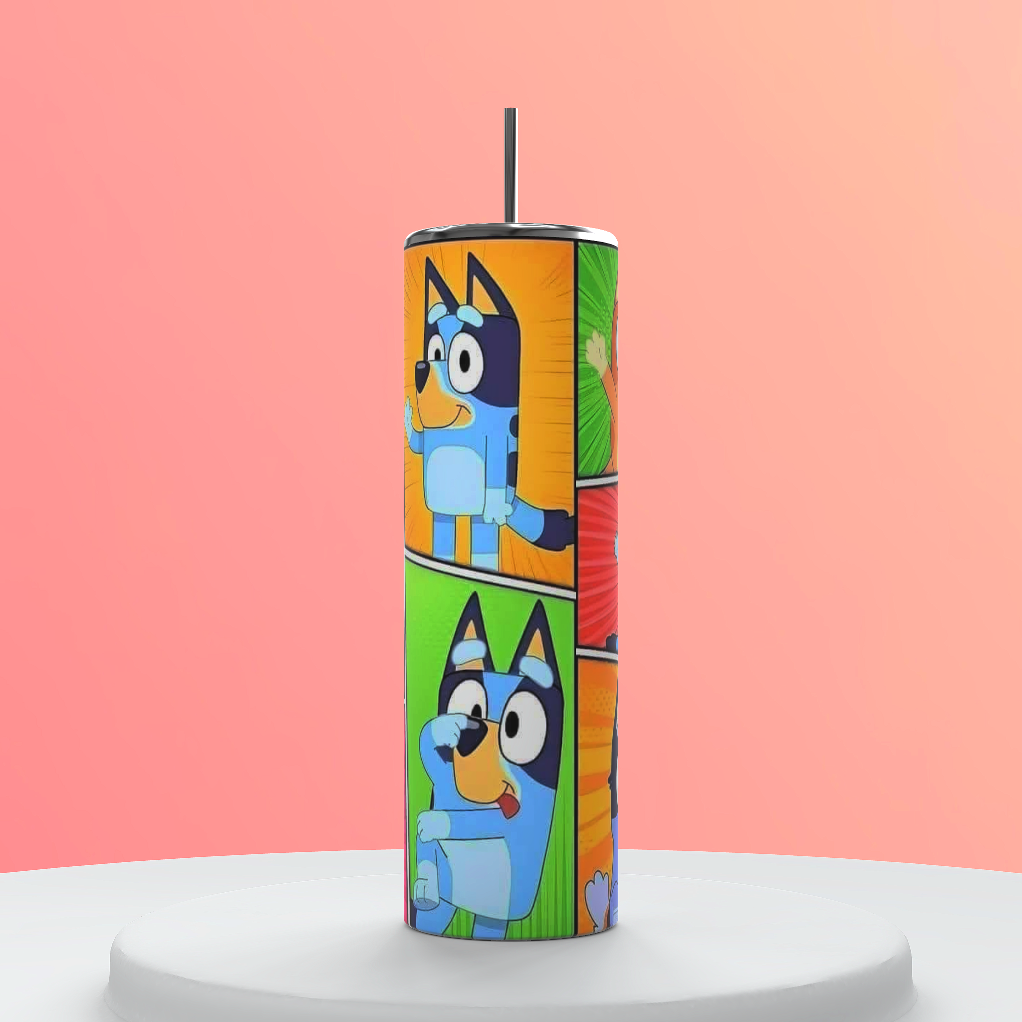 Cartoon family themed tumbler with straw and lid colorful aesthetic