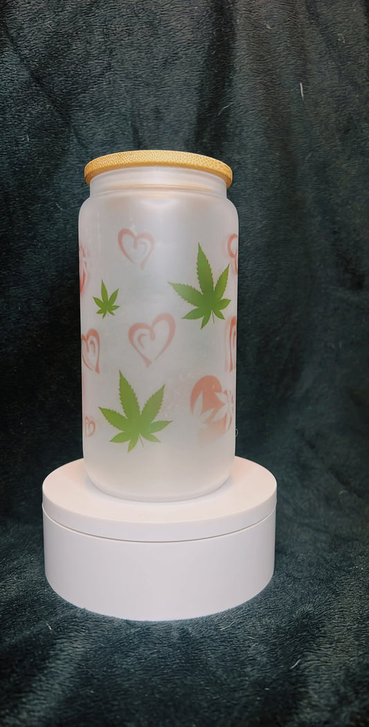 16oz Hearts and “Flower” frosted glass tumbler