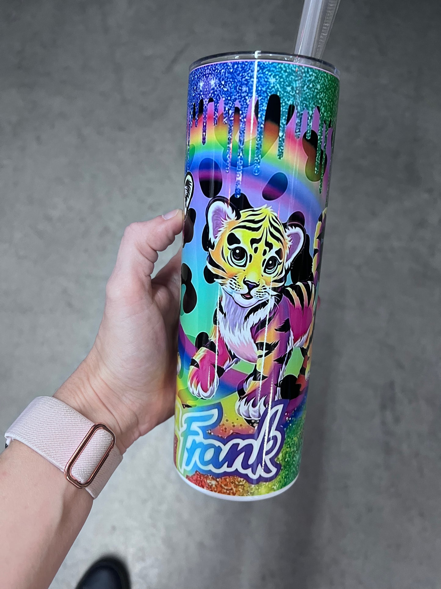 Lisa Frank inspired neon rainbow animal tumbler featuring colorful leopard and tiger artwork