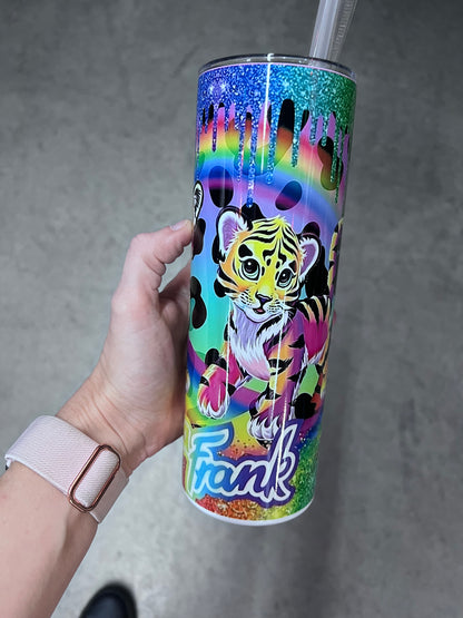 Lisa Frank inspired neon rainbow animal tumbler featuring colorful leopard and tiger artwork