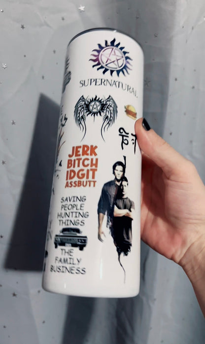 Supernatural collage 20oz tumbler featuring Winchester brothers inspired fandom artwork
