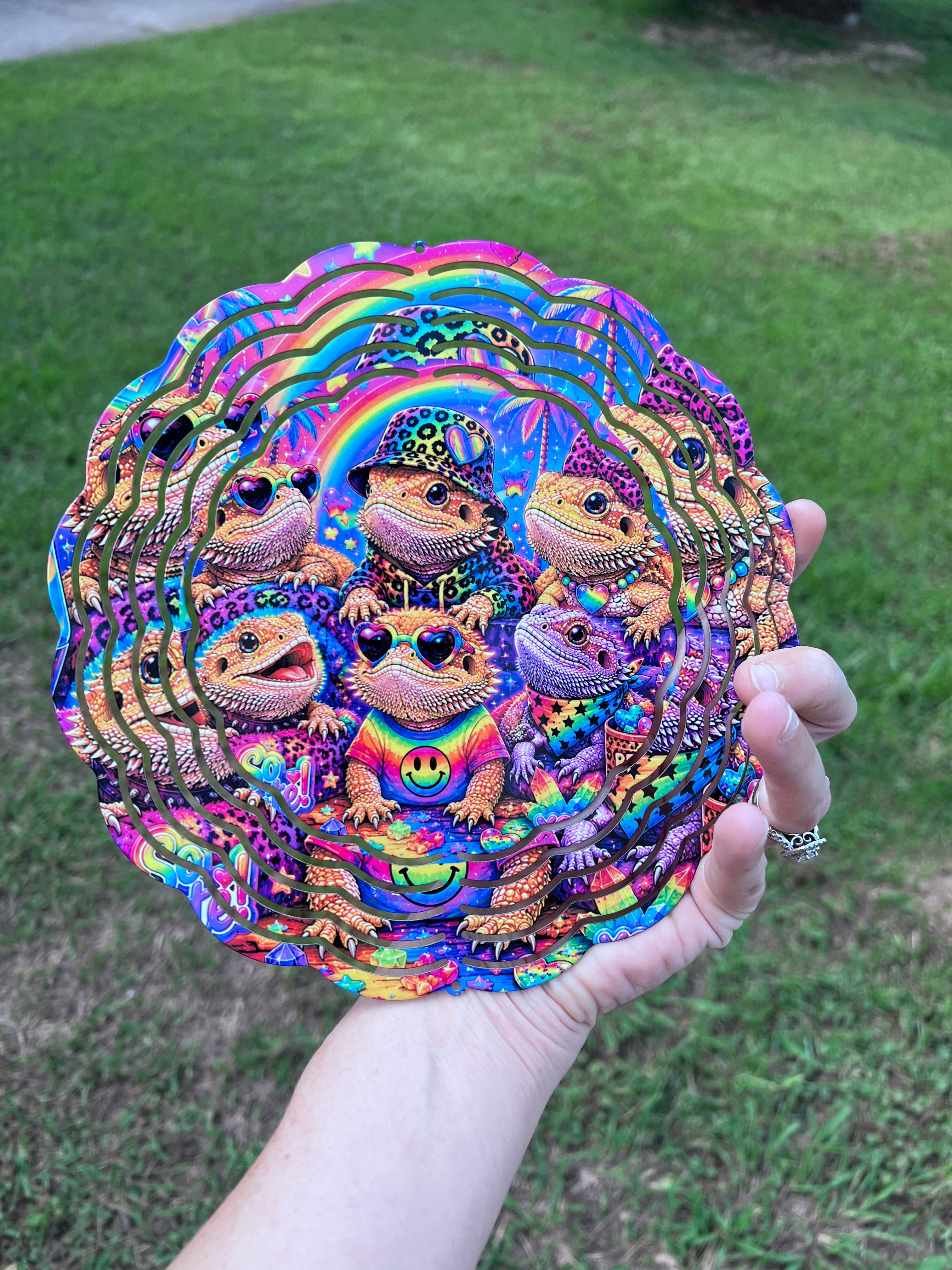 Colorful Bearded Dragon 8 Inch Wind Spinner | Rainbow Reptile Garden Decor | Outdoor Metal Hanging Spinner