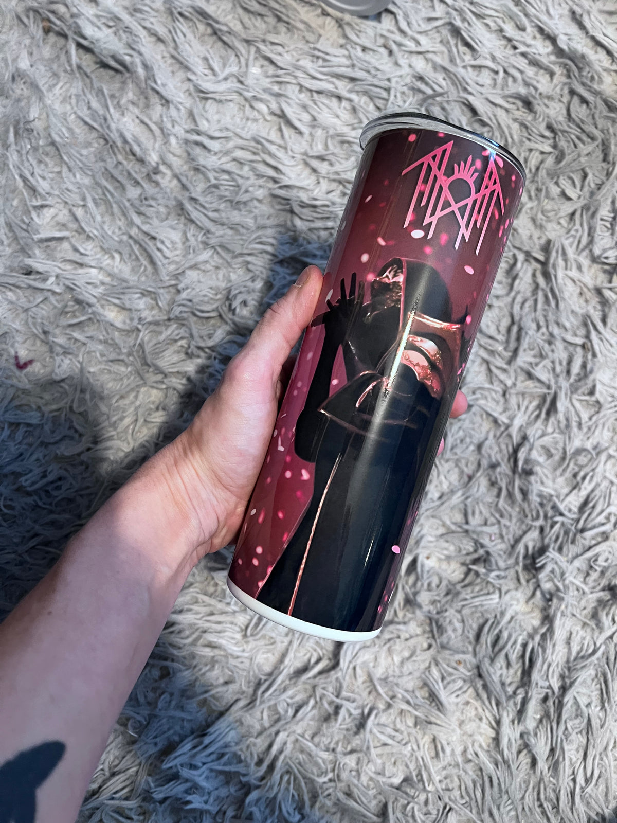 Pink Token themed / Arcadia themed tumbler cup featuring the design artwork