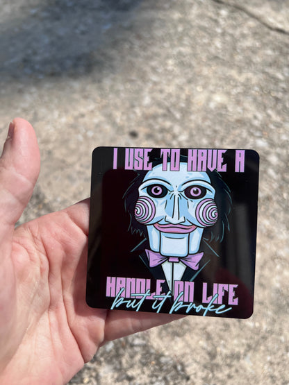 Billy the Puppet Saw I Used To Have A Handle On Life But It Broke pastel goth fridge magnet.⁠