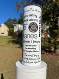 A 20oz skinny tumbler featuring photos of Stefan, Elena, and Damon Salvatore with the Vampire Diaries logo and "Sired to Damon" text.