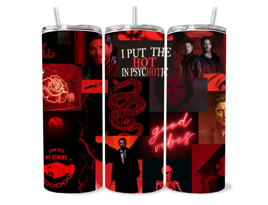 20oz Supernatural Red themed Sam and Dean Winchester portable tumbler cup