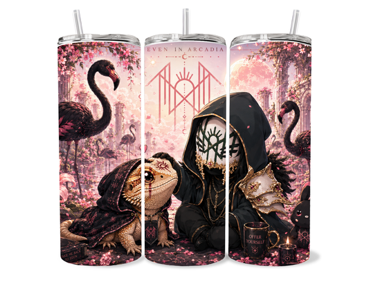 Bearded dragon Sleep Token inspired Even In Arcadia tumbler with celestial artwork