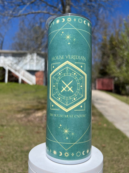 House Veridian Sleep Token inspired tumbler with emerald celestial and crossed sword artwork