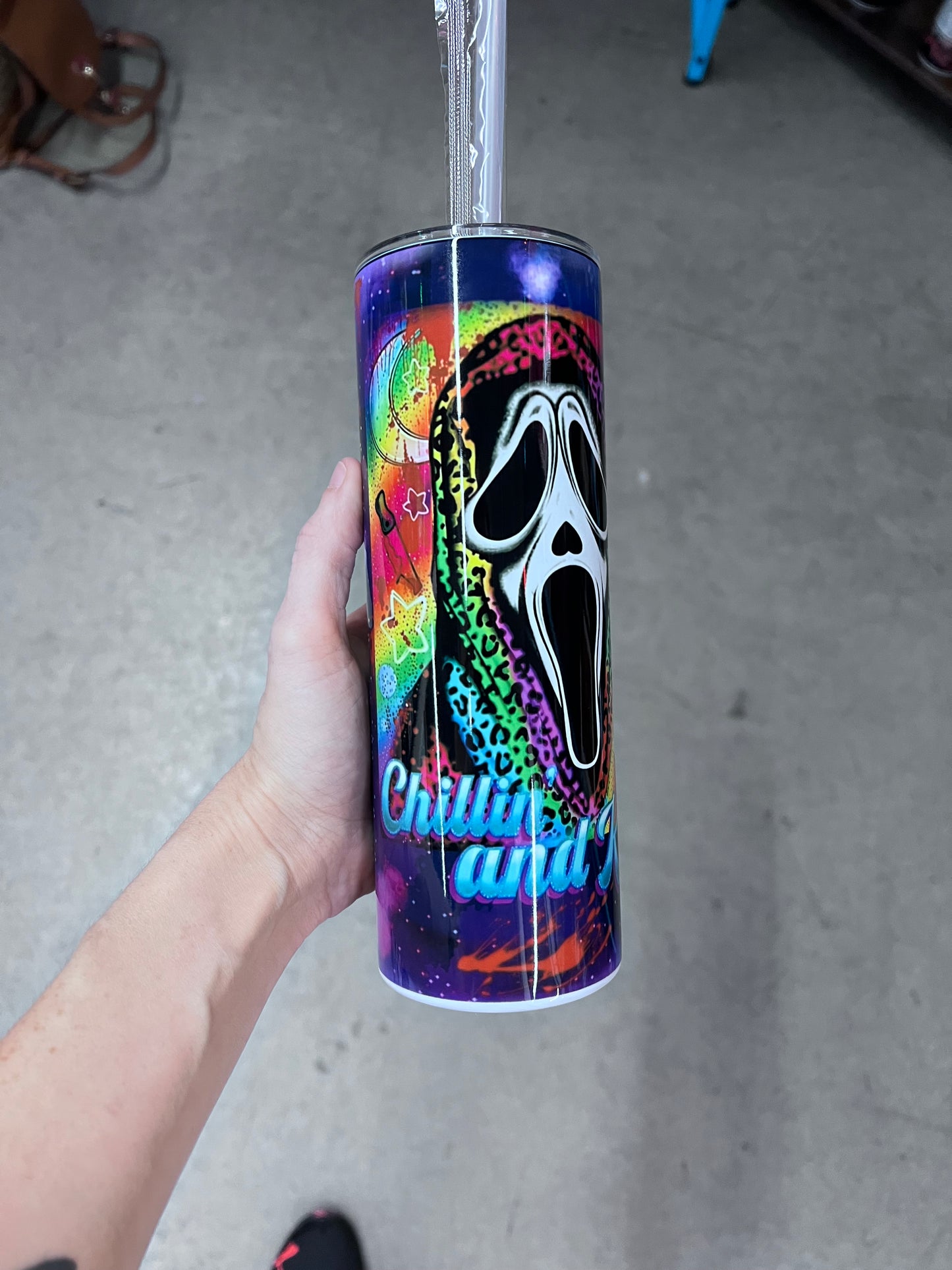 Chillin and Killin Ghostface Tumbler | Neon Rainbow Spooky Cute Horror Tumbler