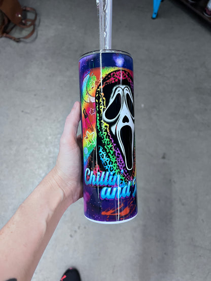 Chillin and Killin Ghostface Tumbler | Neon Rainbow Spooky Cute Horror Tumbler
