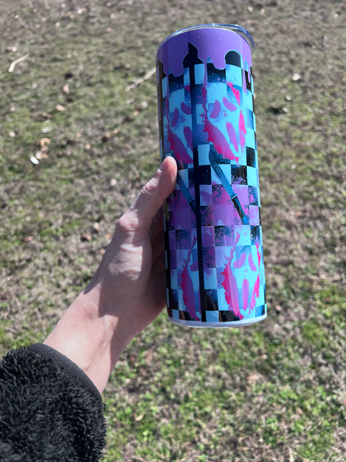 20oz Purple Checkered Ghostface Horror Tumbler featuring fandom-inspired artwork