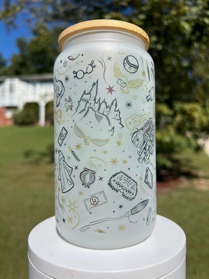 16oz Harry Potter Collage Frosted Glass Tumbler featuring harry potter collage inspired artwork