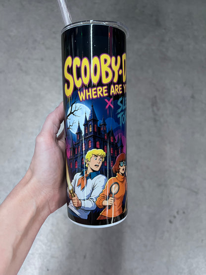 Scooby-Doo and Sleep Token inspired horror cartoon mashup tumbler with spooky mystery artwork