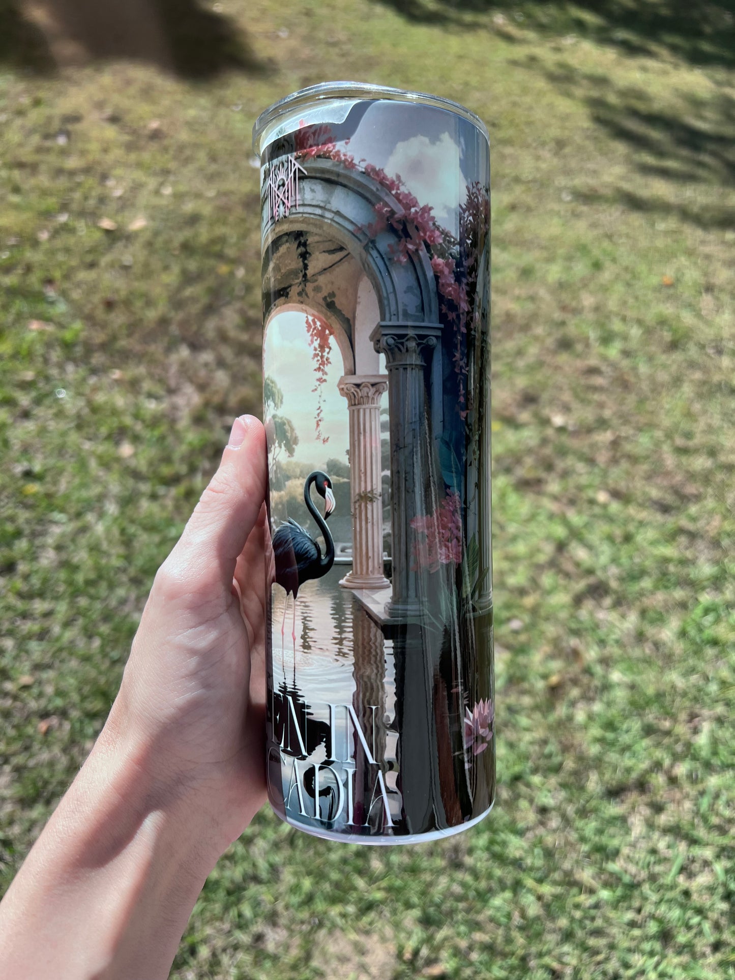 20oz Arcadian Black Flamingo Token themed stainless steel tumbler cup