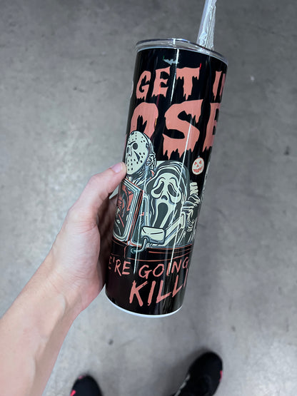 Horror icon carpool tumbler featuring Michael Myers, Jason, and Ghostface