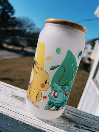 16oz Starter Pokémon Frosted Glass Tumbler featuring pokémon starters inspired artwork