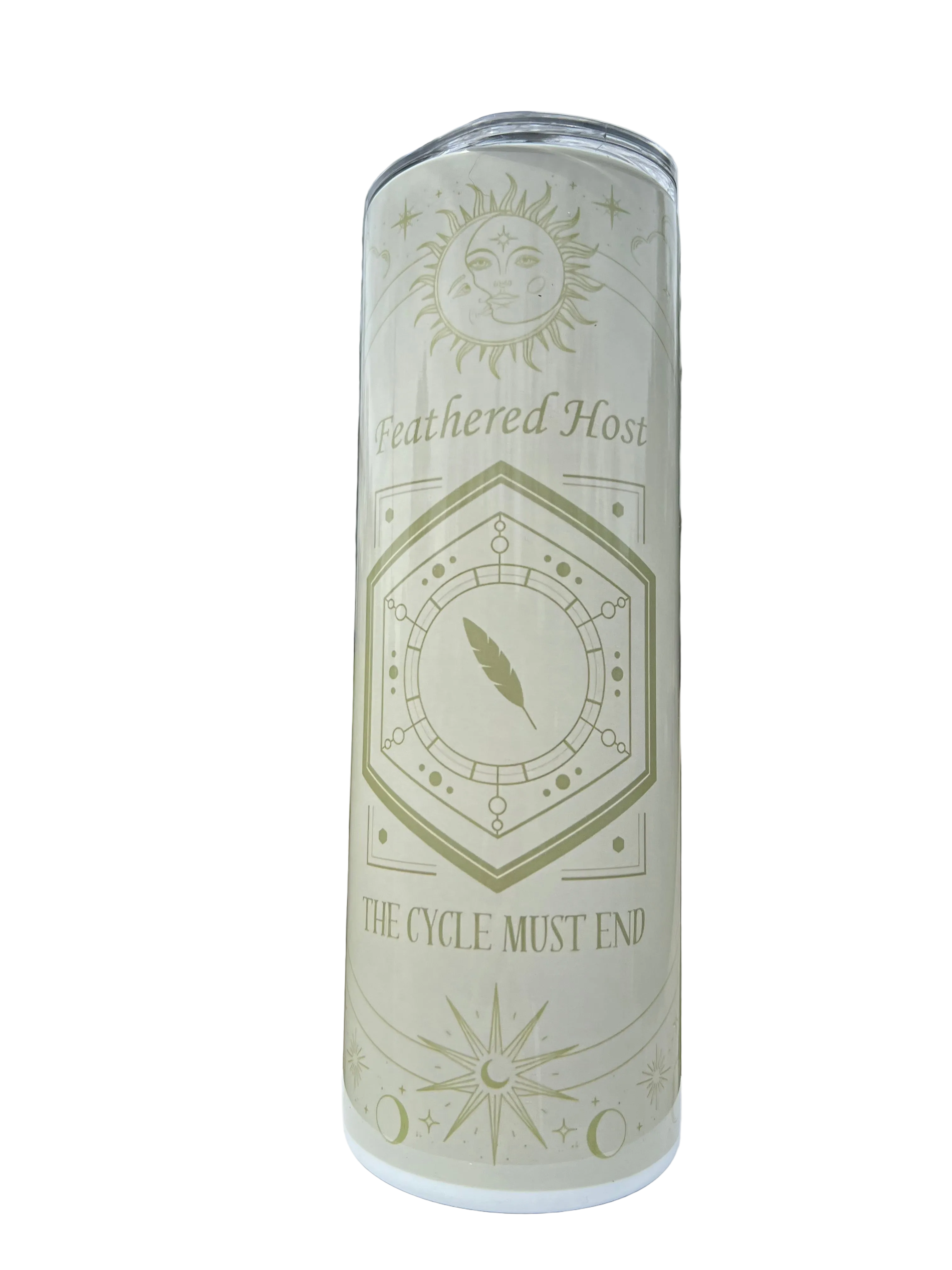 20oz skinny tumbler inspired by Sleep Token Even In Arcadia featuring celestial artwork, moon symbols, and Feathered Host design.