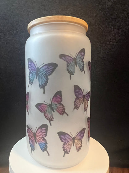 16oz Butterfly Frosted Glass Tumbler featuring butterfly aesthetic inspired artwork