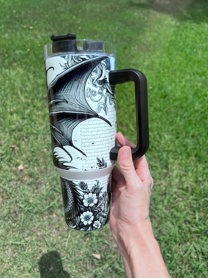 40oz Fantasy Dragon Tumbler with Handle | Book Lover Gift | Castle & Dragon Drinkware