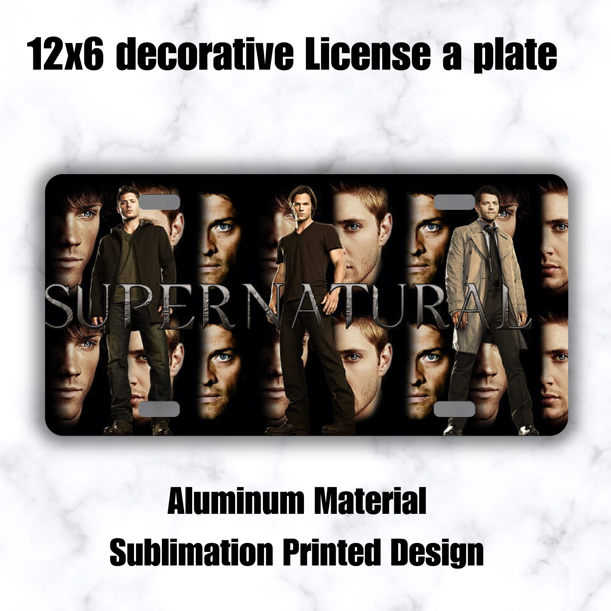 SPN themed aluminum car tag with Winchester brothers fandom aesthetic