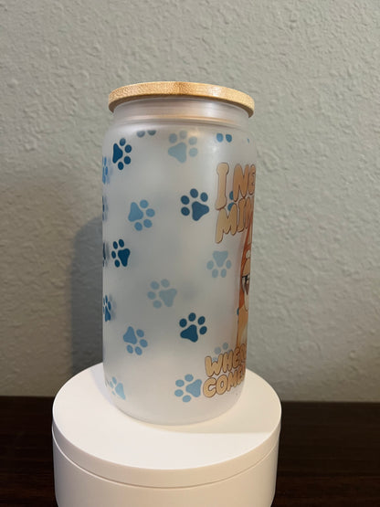 16oz Bluey Frosted Glass Tumbler featuring bluey cartoon dog inspired artwork