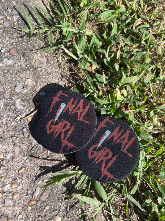 Side profile view of two horror-themed "Final Girl" car coaster inserts highlighting the fabric top and anti-slip backing