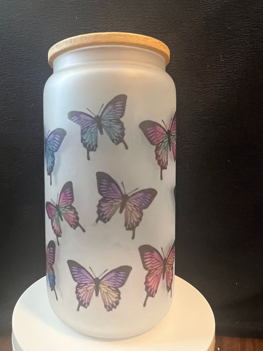 16oz Butterfly Frosted Glass Tumbler featuring butterfly aesthetic inspired artwork