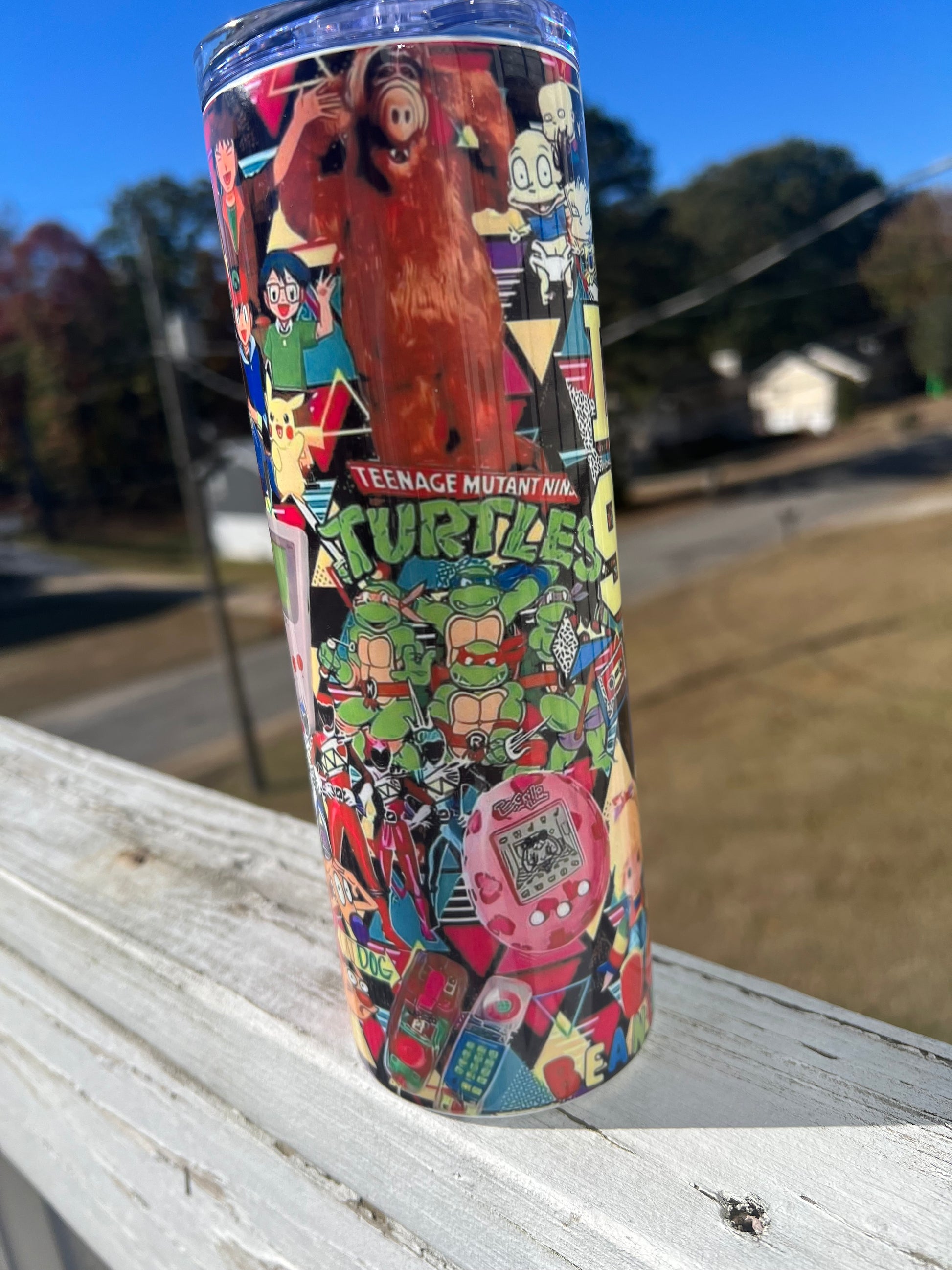 90s Nostalgia Cartoon Collage 20oz Skinny Tumbler | Retro Rugrats, TMNT, Simpsons Inspired Cup | 90s Kids Gift featuring the design artwork