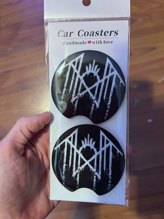 Sleep Token distressed logo car coaster set with dark grunge inspired artwork