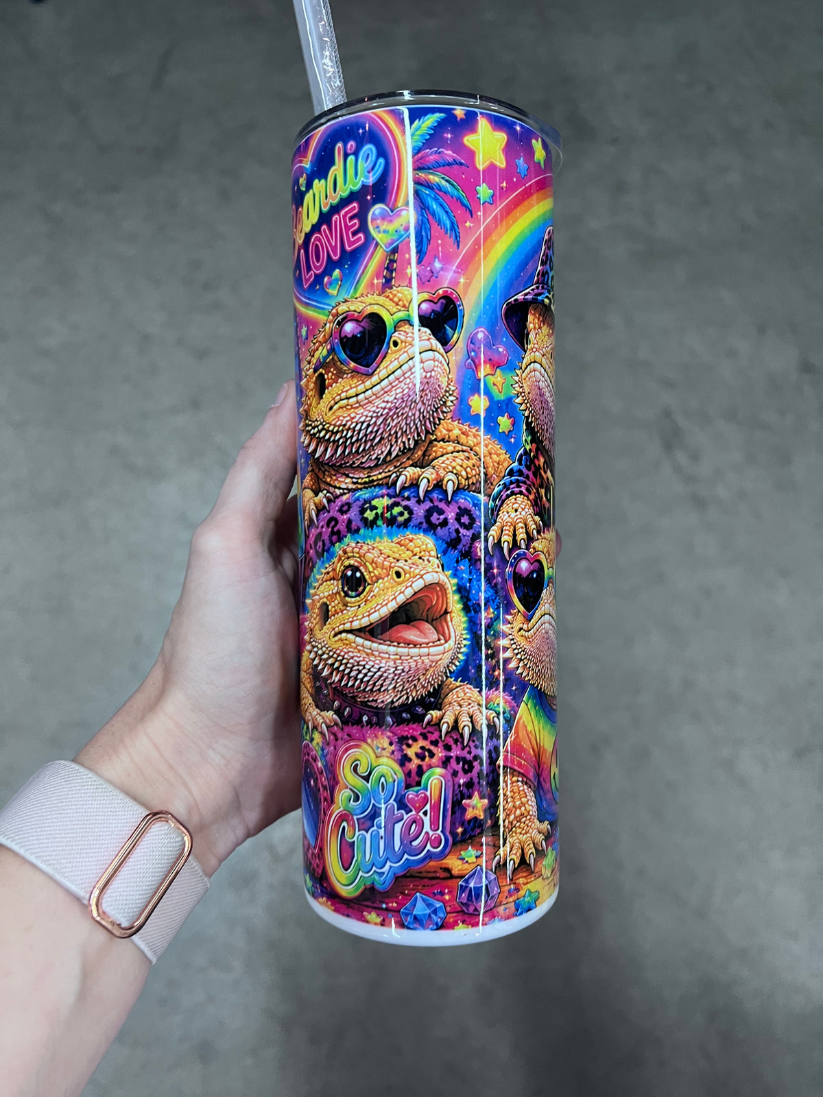 Beardies of Culture Beardie Love tumbler with colorful rainbow bearded dragon artwork