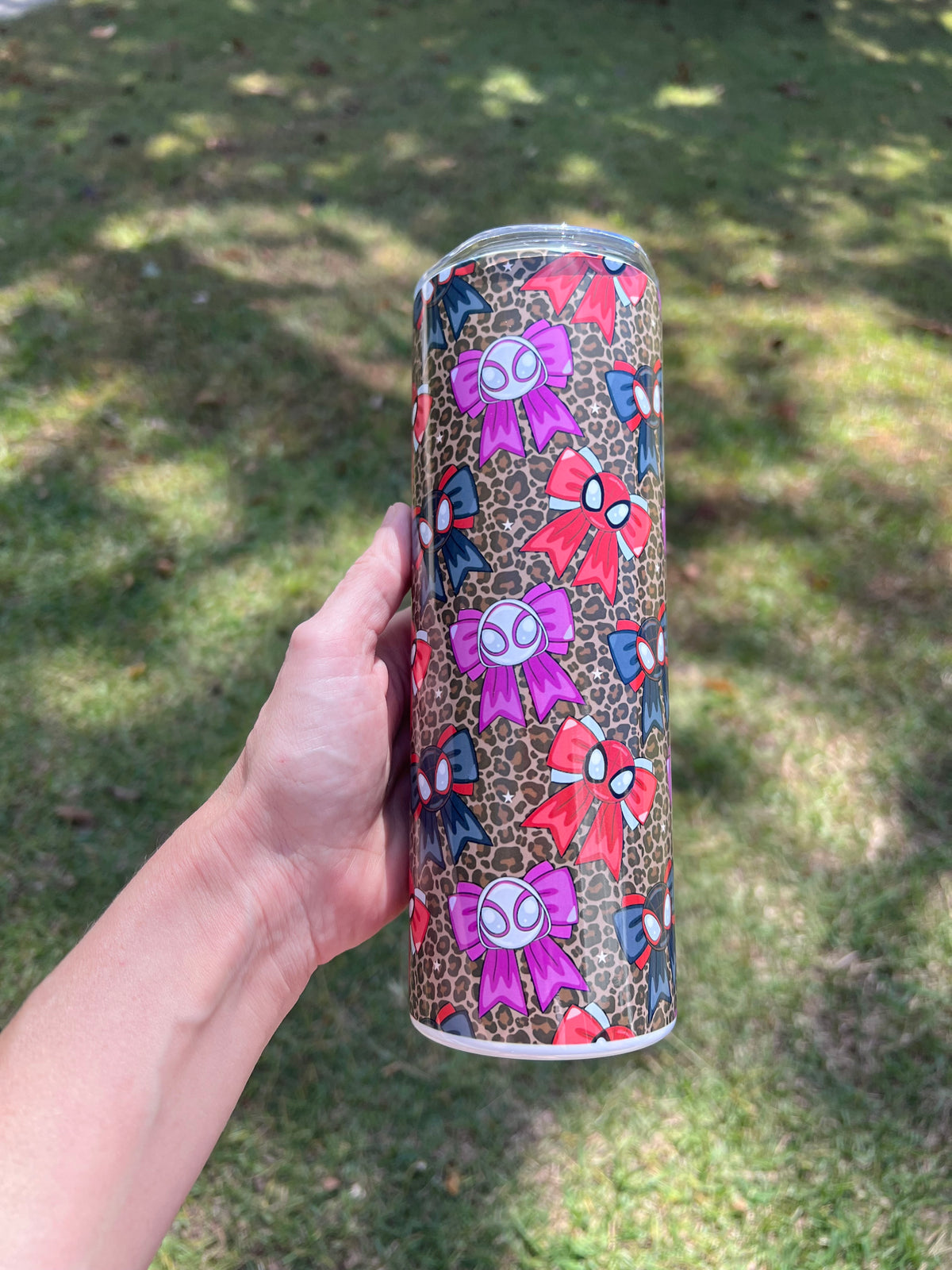 KimTheGrimm Spiderman Miles Morales and Ghost Spider coquette bows 20oz stainless steel tumbler cup.⁠