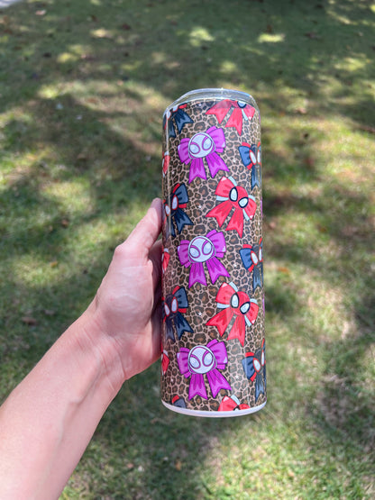 KimTheGrimm Spiderman Miles Morales and Ghost Spider coquette bows 20oz stainless steel tumbler cup.⁠