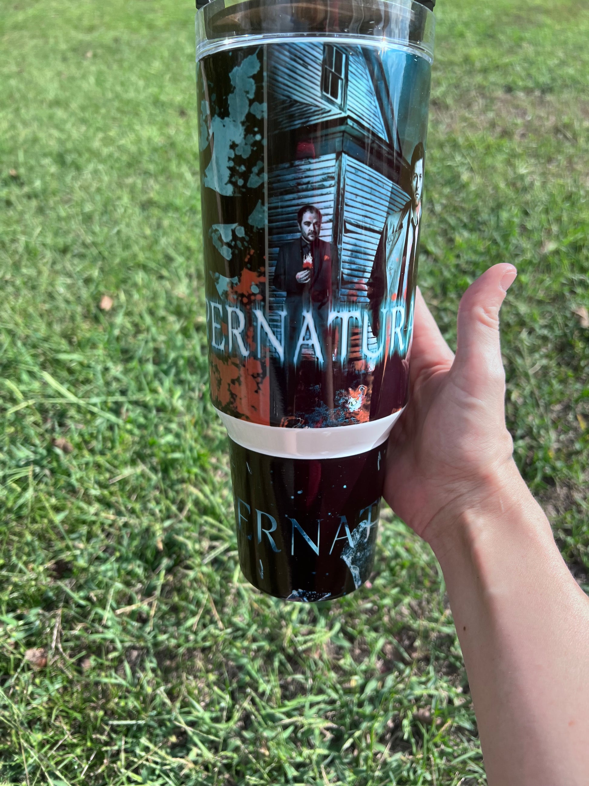 40oz Supernatural Inspired Tumbler with Handle | Dean Winchester & Sam Winchester Stainless Steel Travel Cup featuring the design artwork