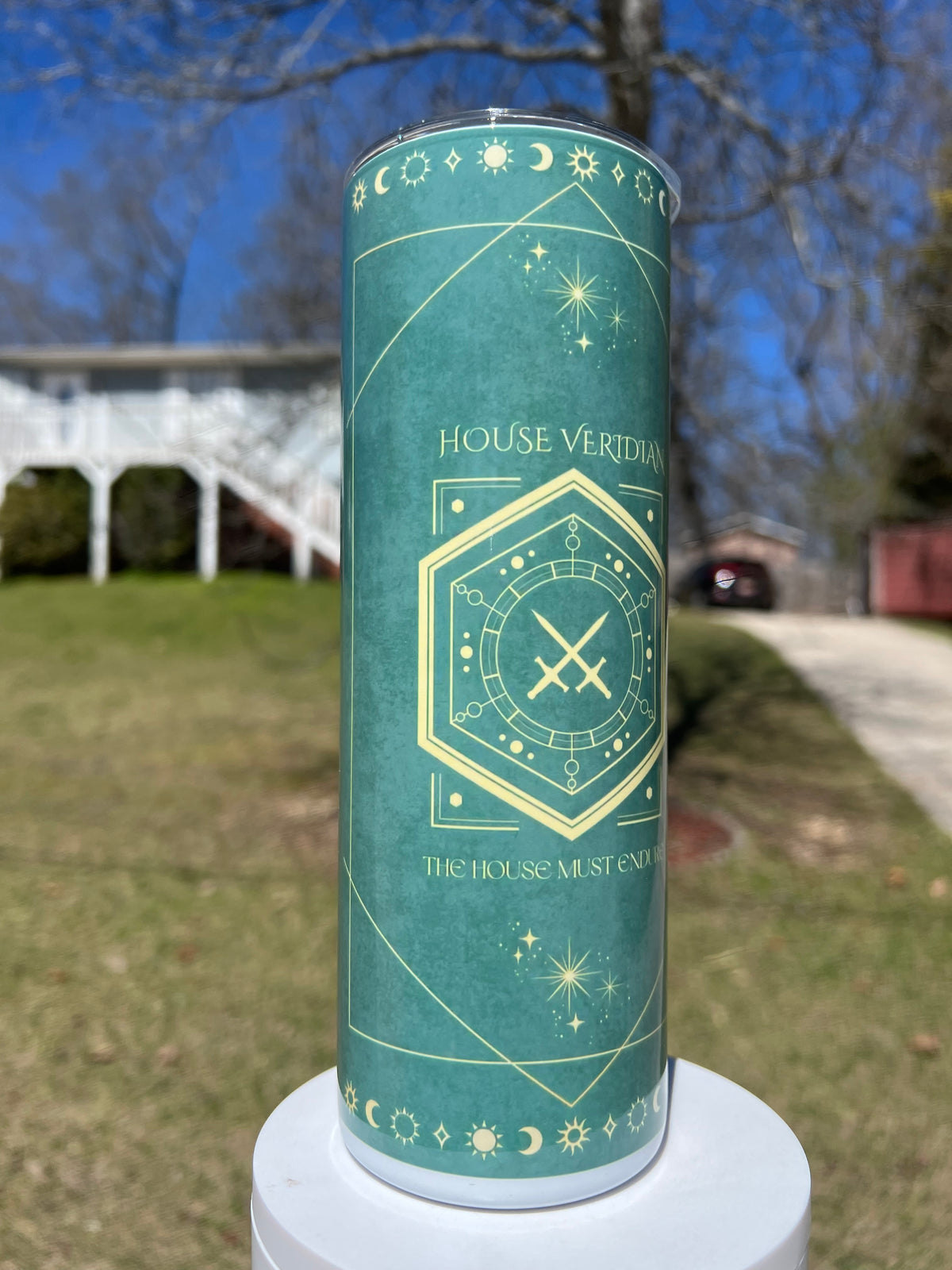 House Veridian Sleep Token inspired tumbler with emerald celestial and crossed sword artwork